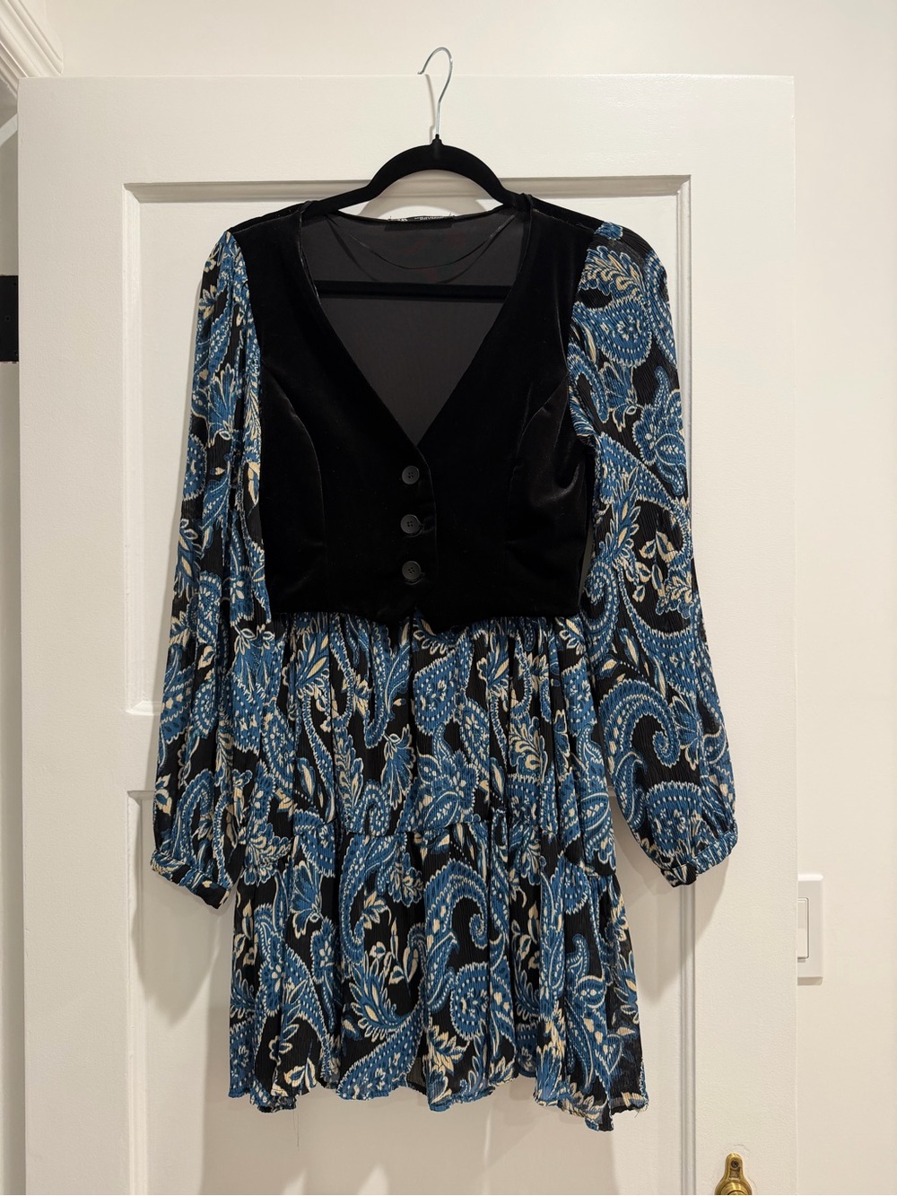 ZARA | Black & Blue Paisley Velvet Bodice Dress - Women